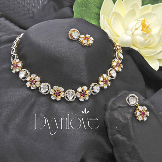 925 Silver Floral Ruby Polki Convertible Necklace with Earring