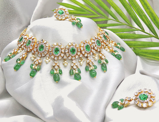 Polki Choker Set With Pearls, Emerald, and Diamonds