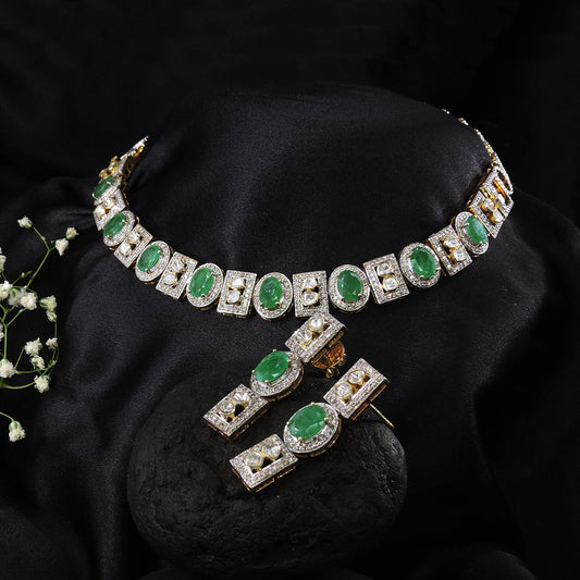 925 Silver Modern Emerald Polki Necklace with Earring