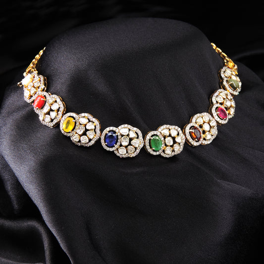 925 Silver Navratan Polki Elegance Convertible Necklace