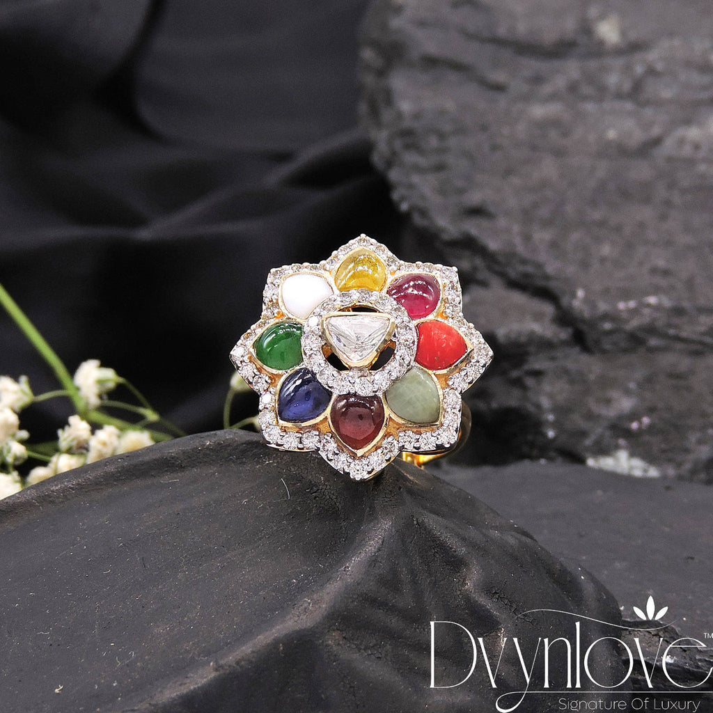 Polki Ring With Diamond And Navratna Gems