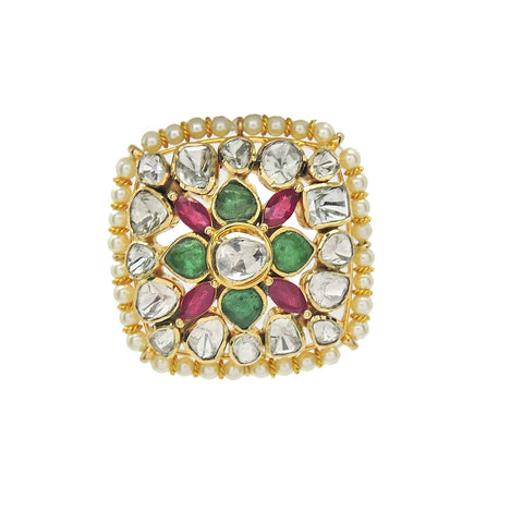 Natural Polki Ring  With Emerald , Ruby And Pearl Beads