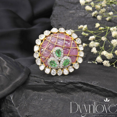 Polki Ring With Diamond And Emerald & Tourmaline