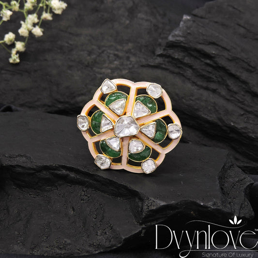 Emerald Mosaic Gold Elegance Polki Ring - Dvynlove