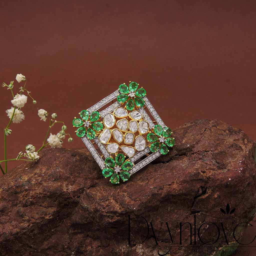 Polki Ring With Diamond And Green Glass