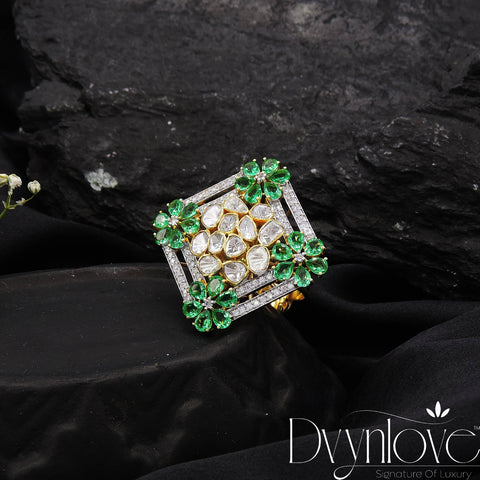 Polki Ring With Diamond And Green Glass