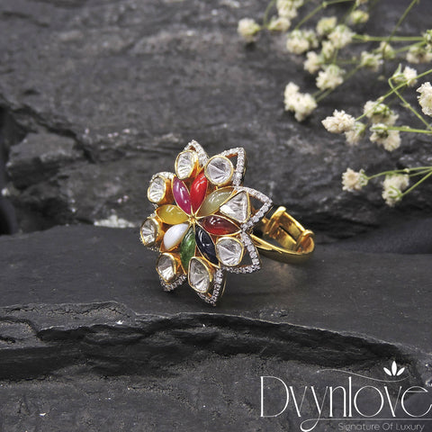 Polki Ring With Diamond And Navaratna Gems