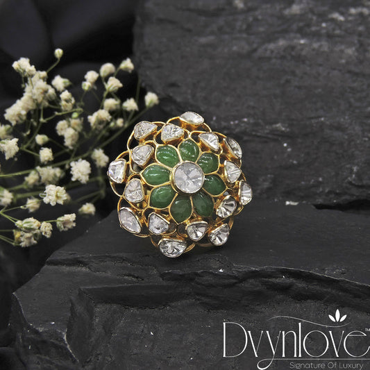 Emerald Floral Polki Ring - Dvynlove