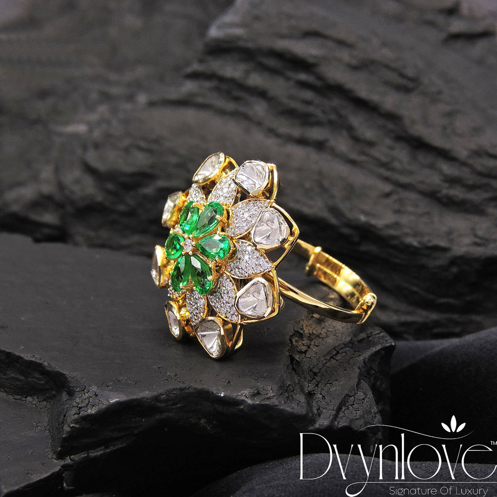Polki Ring With Diamond ANd Green Glass