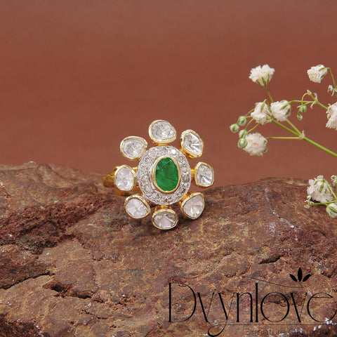 Polki Ring With Diamond And Emerald