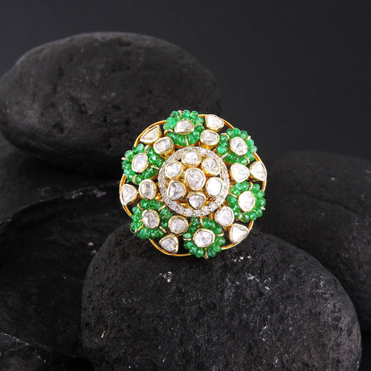 Emerald Beads Diamond Polki Ring
