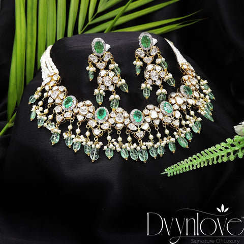 Polki Choker Set With Diamond And Emerald & Pearl