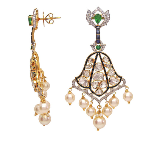 Evergreen Earrings With Open Set Polki, Pearls And Emeralds