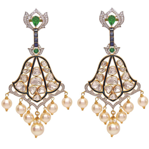 Evergreen Earrings With Open Set Polki, Pearls And Emeralds