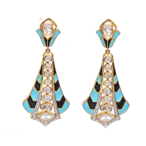 Pastel Blue And Black Enamel Earrings With Polki And Diamonds