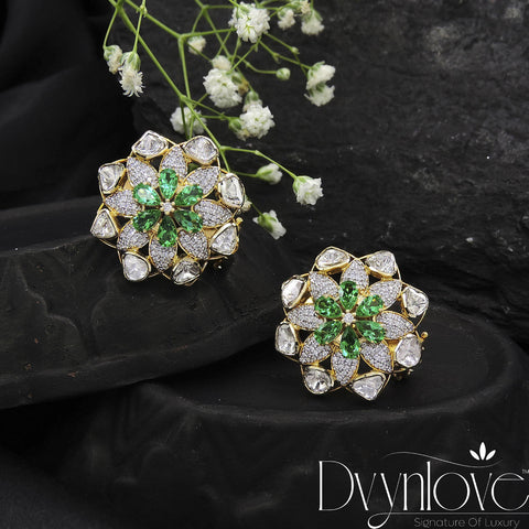 Polki Earring With Diamond And Green Glass