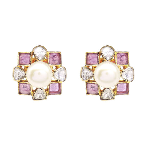 Polki Earring With Pearl And Tourmaline